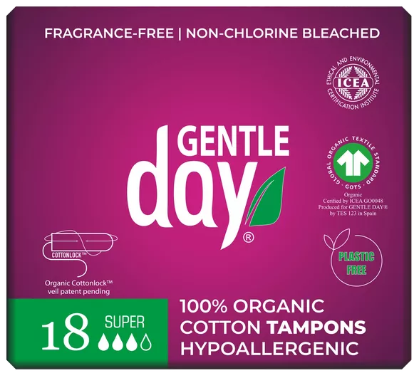 TAMPÓNY z BIO bavlny Gentle Day SUPER - pro silnější menstruaci | 18 ks v balení