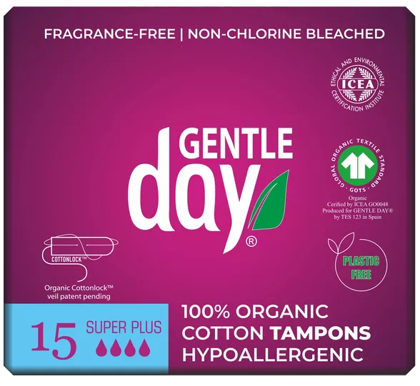 TAMPÓNY z BIO bavlny Gentle Day SUPER PLUS - pro velmi silnou menstruaci | 15 ks v balení